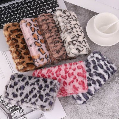 Women Fashion Creative Plush Leopard Zipper Long Purses