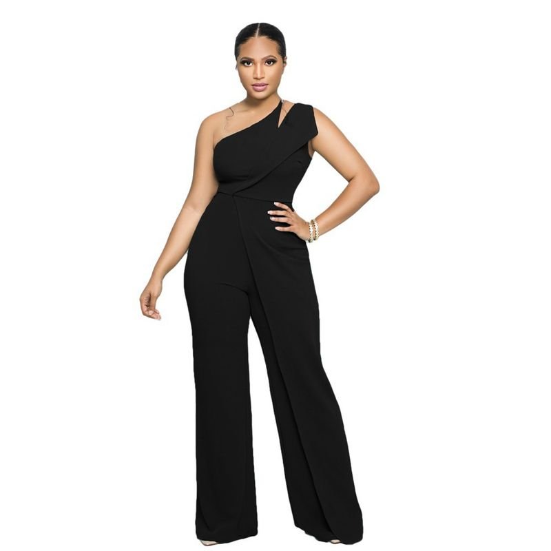 Women Fashion Sexy One-Shoulder High Waist Straight Jumpsuits