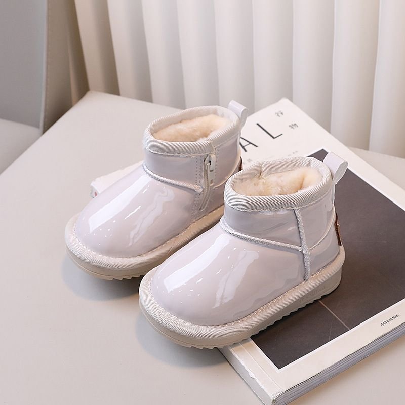 Kids Unisex Casual Cute Solid Color Patent Leather Fleece Zipper Thick-Soled Snow Boots