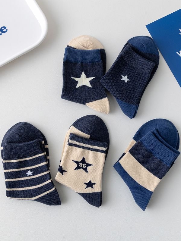 Kids Boys Cute Basic Stripe Star Mid-Calf Socks