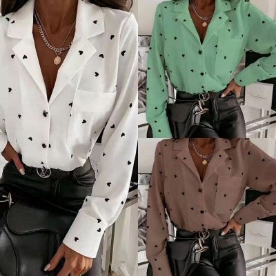 Women Casual Loose Solid Color V-Neck Heart Print Long Sleeve Shirt