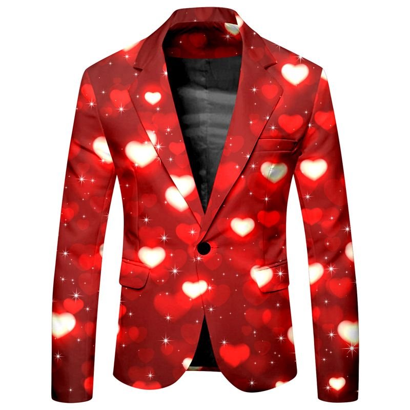 Men Fashion Casual Party Valentine Heart Shape Print Long Sleeve Lapel Suit