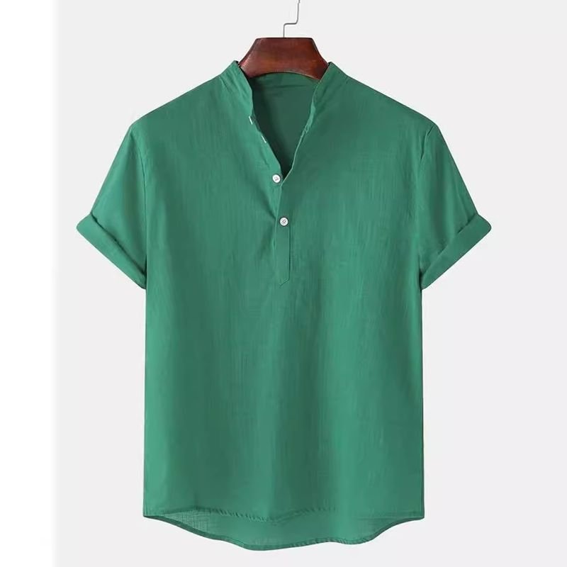 Men Summer Cotton Linen Breathable Solid Color Short Sleeve Henry Collar Hawaii Shirt Custom