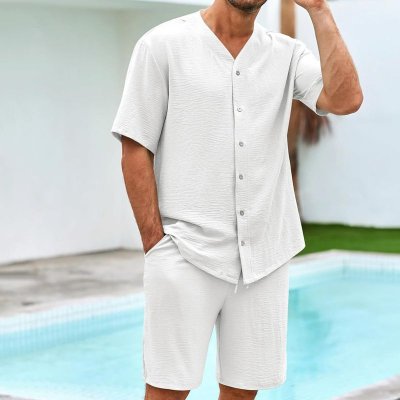 Men Fashion Casual Solid Color Short Sleeve V Neck Shirt Shorts Sets