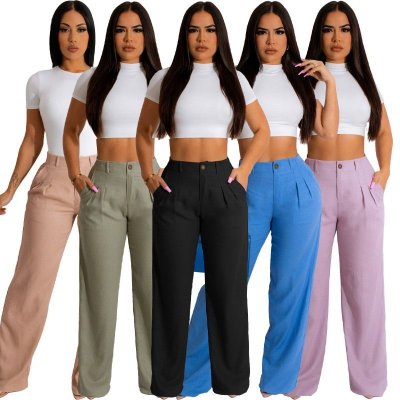 Office Chic Women Fashion Loose Straight Solid Color Casual Pants