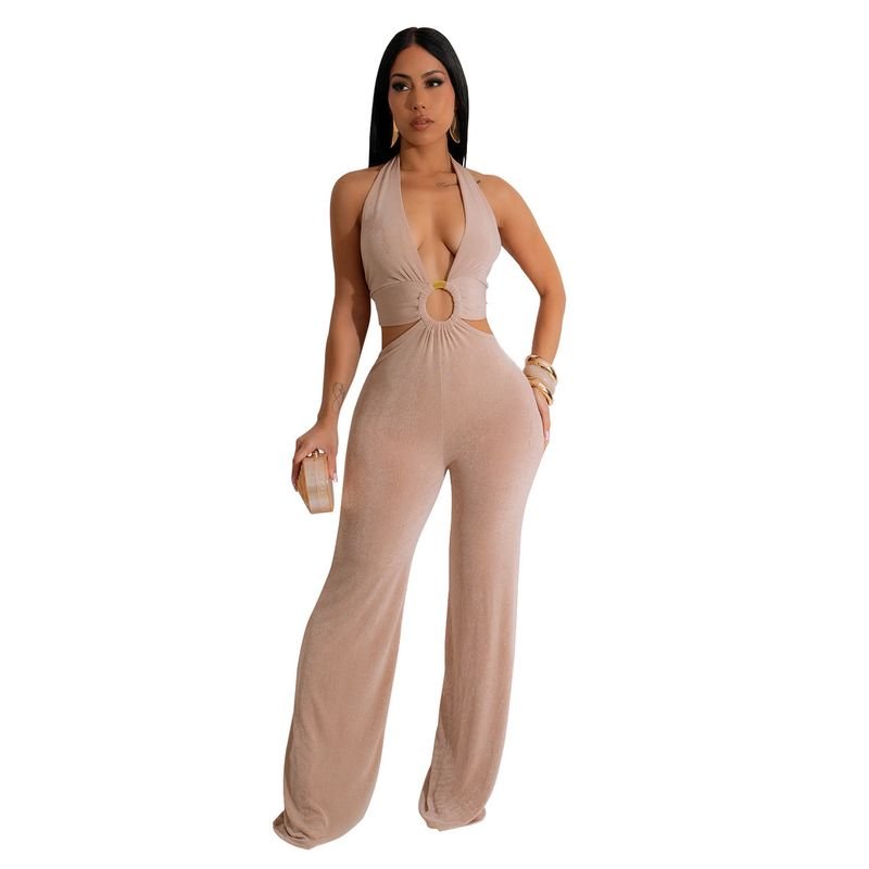 Women Fashion Solid Color V-Neck Backless Lace-Up Hollow Jumpsuits