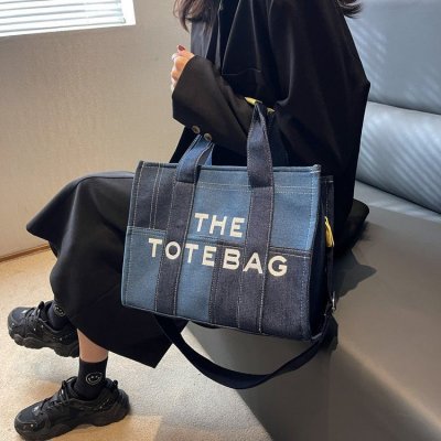 Women Fashion Casual Color Block Denim Canvas Letter Print Large Capacity Tote Bag