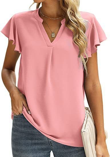 Women V-Neck Ruffled Cap Sleeves CasualSolid Color Chiffon Blouse