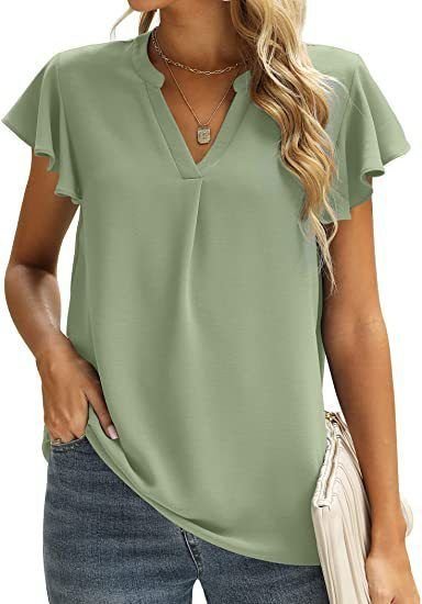 Women V-Neck Ruffled Cap Sleeves CasualSolid Color Chiffon Blouse