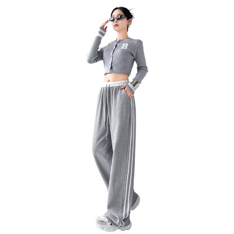 Women Fashion Casual Stripe Stitching High Waist Drawstring Sports Pants