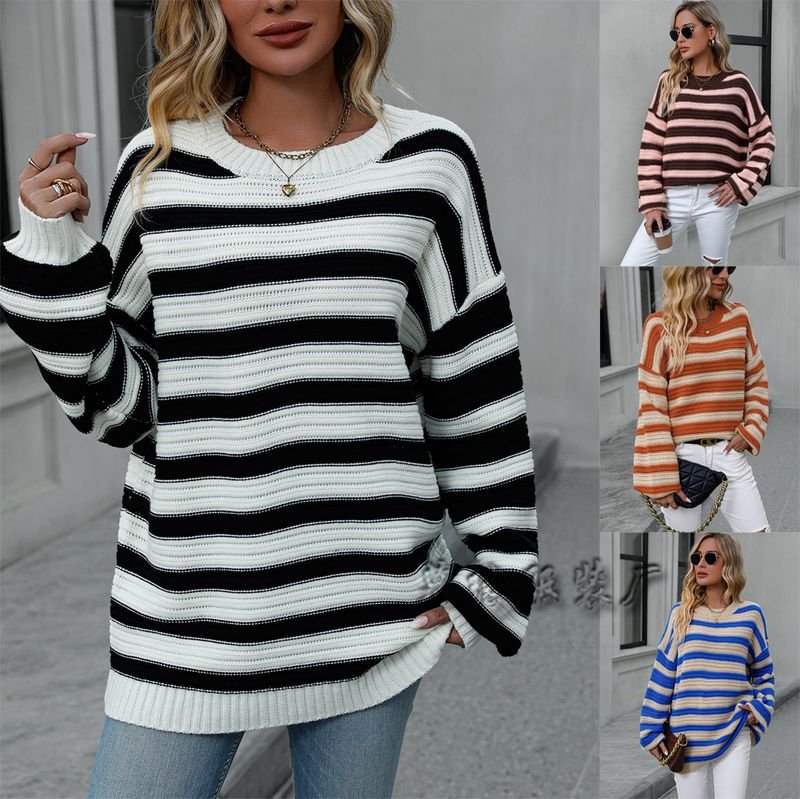 Autumn And Winter Women Fashion Stripe Knitted Sweater
