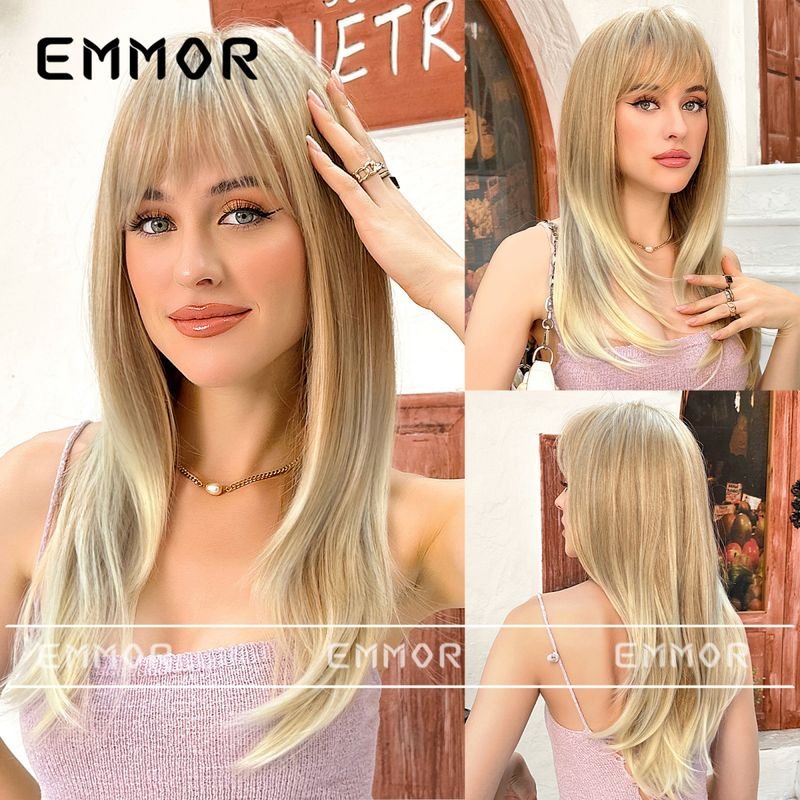 Women Fashionable Long Straight Hair Wig With Bangs