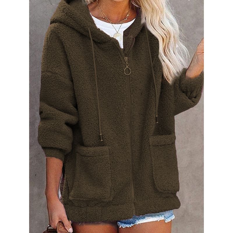 Autumn Winter Women Fashion Plush Thickened Long Sleeve Zipper Pocket Hooded Jacket
