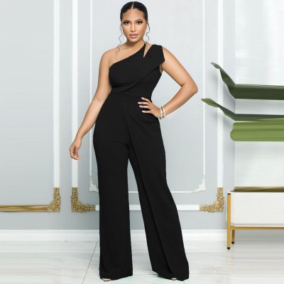 Women Fashion Sexy One-Shoulder High Waist Straight Jumpsuits