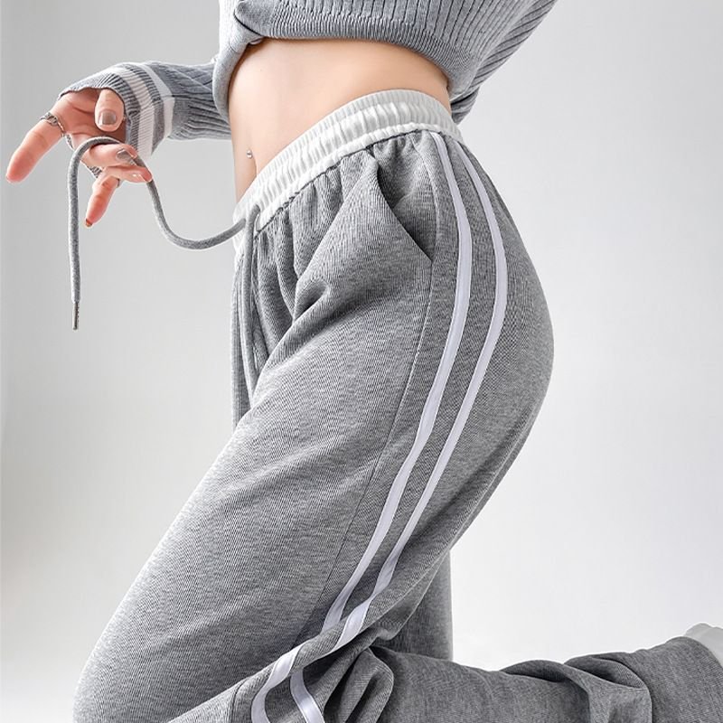 Women Fashion Casual Stripe Stitching High Waist Drawstring Sports Pants