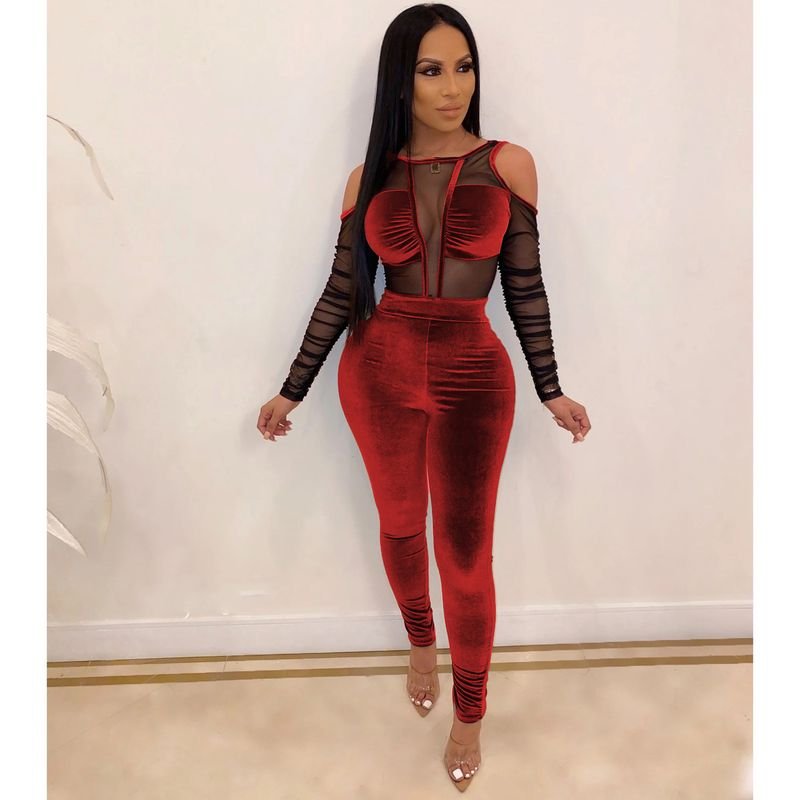 Women Fashion Sexy Sexy Mesh Velvet Stitching Long Sleeve Jumpsuits