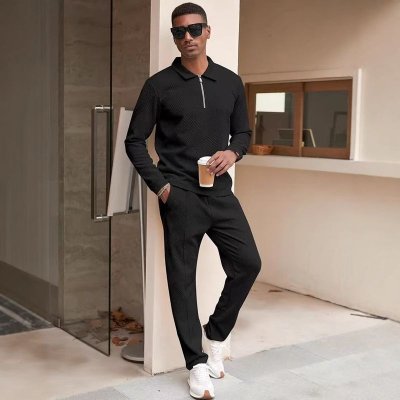 Men Fashion Casual Commuter Solid Color Half Zipper Long Sleeve Lapel POLO Shirt Trousers Sets