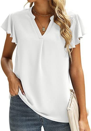 Women V-Neck Ruffled Cap Sleeves CasualSolid Color Chiffon Blouse