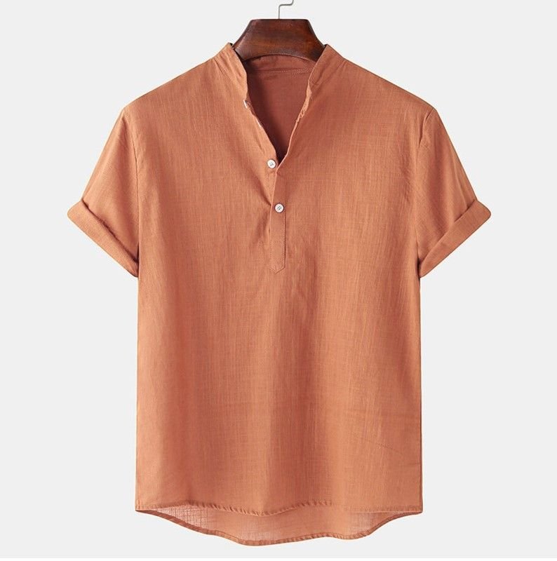 Men Summer Cotton Linen Breathable Solid Color Short Sleeve Henry Collar Hawaii Shirt Custom